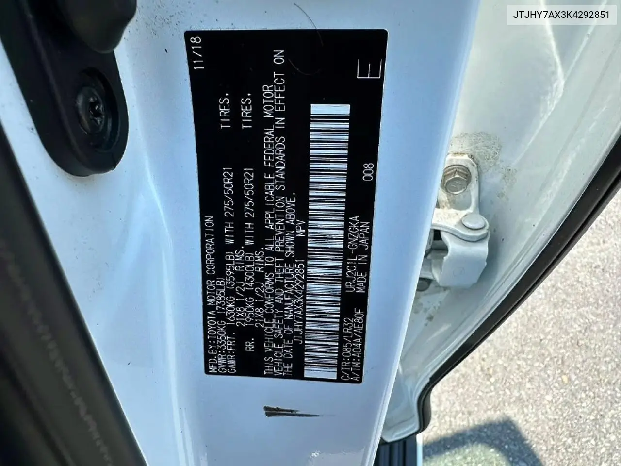 2019 Lexus Lx 570 VIN: JTJHY7AX3K4292851 Lot: 58267036
