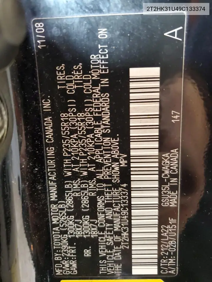 2T2HK31U49C133374 2009 Lexus Rx 350