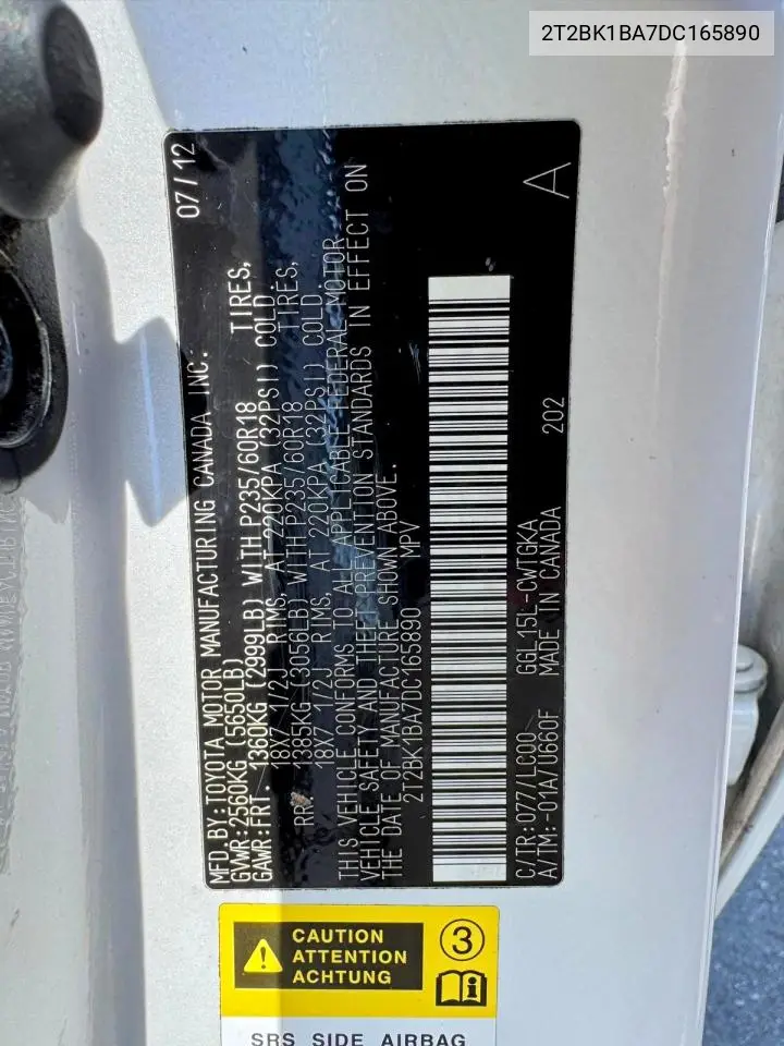 2013 Lexus Rx 350 Base VIN: 2T2BK1BA7DC165890 Lot: 62224166