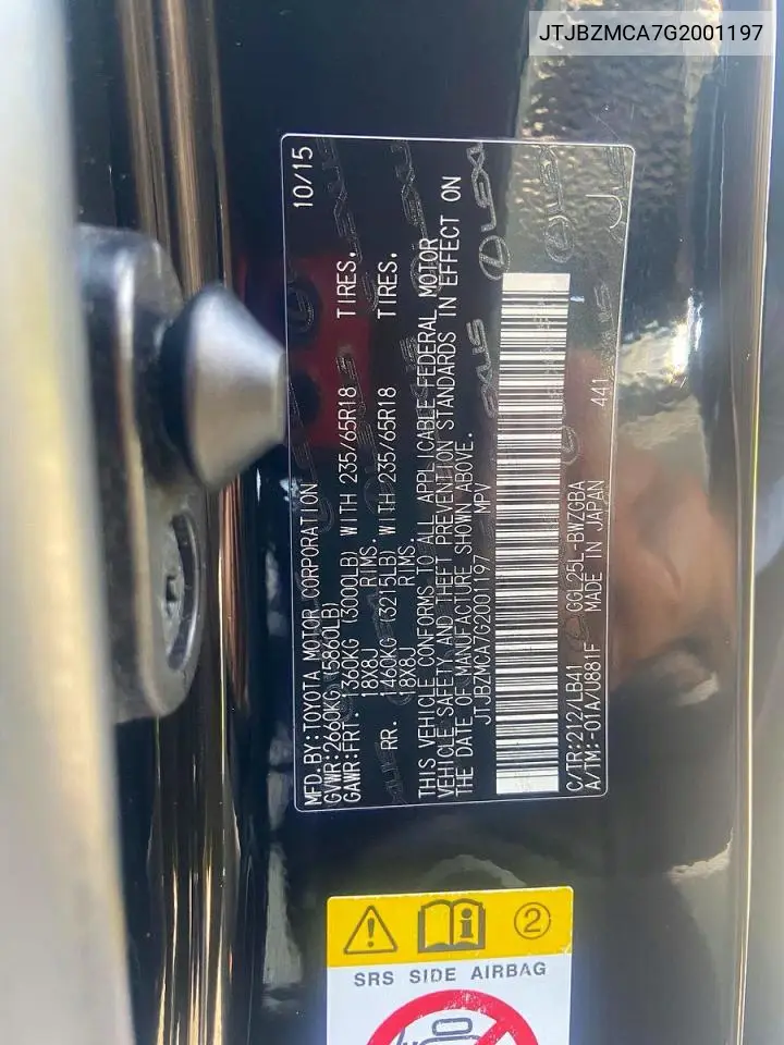 2016 Lexus Rx 350 VIN: JTJBZMCA7G2001197 Lot: 62050796