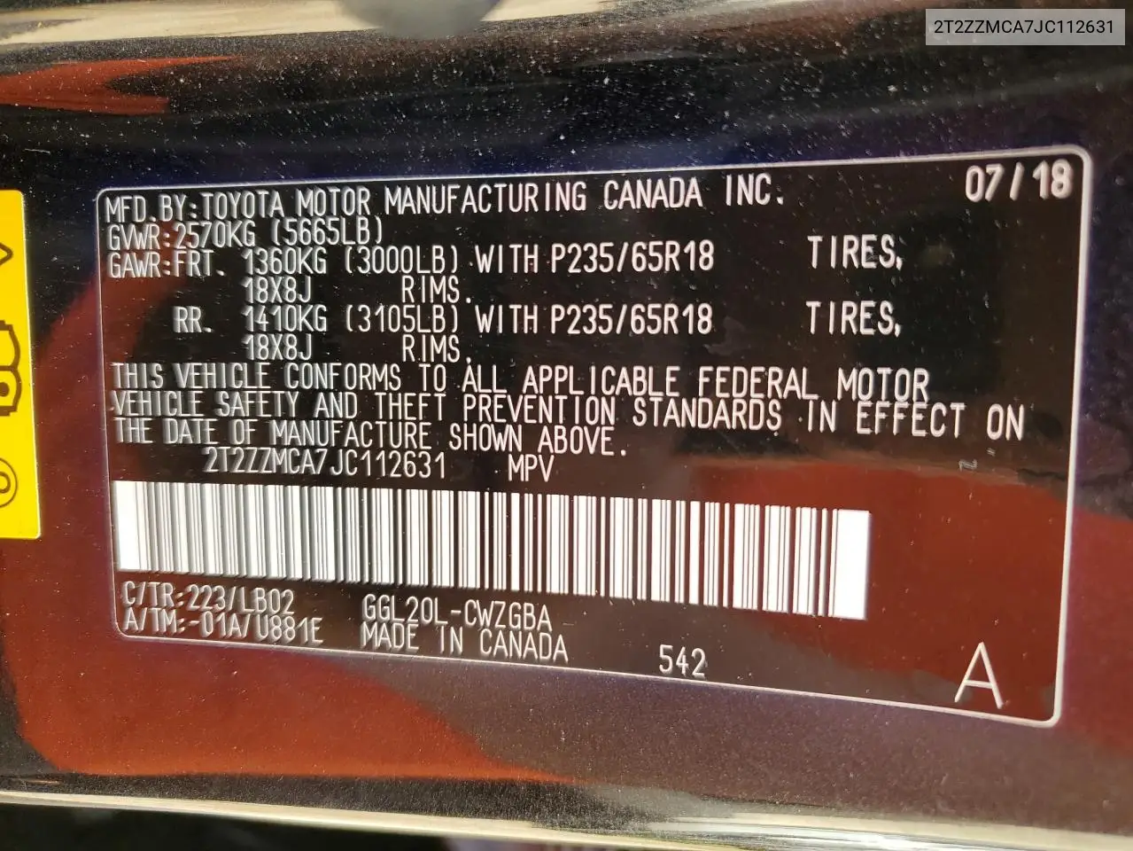 2T2ZZMCA7JC112631 2018 Lexus Rx 350 Base