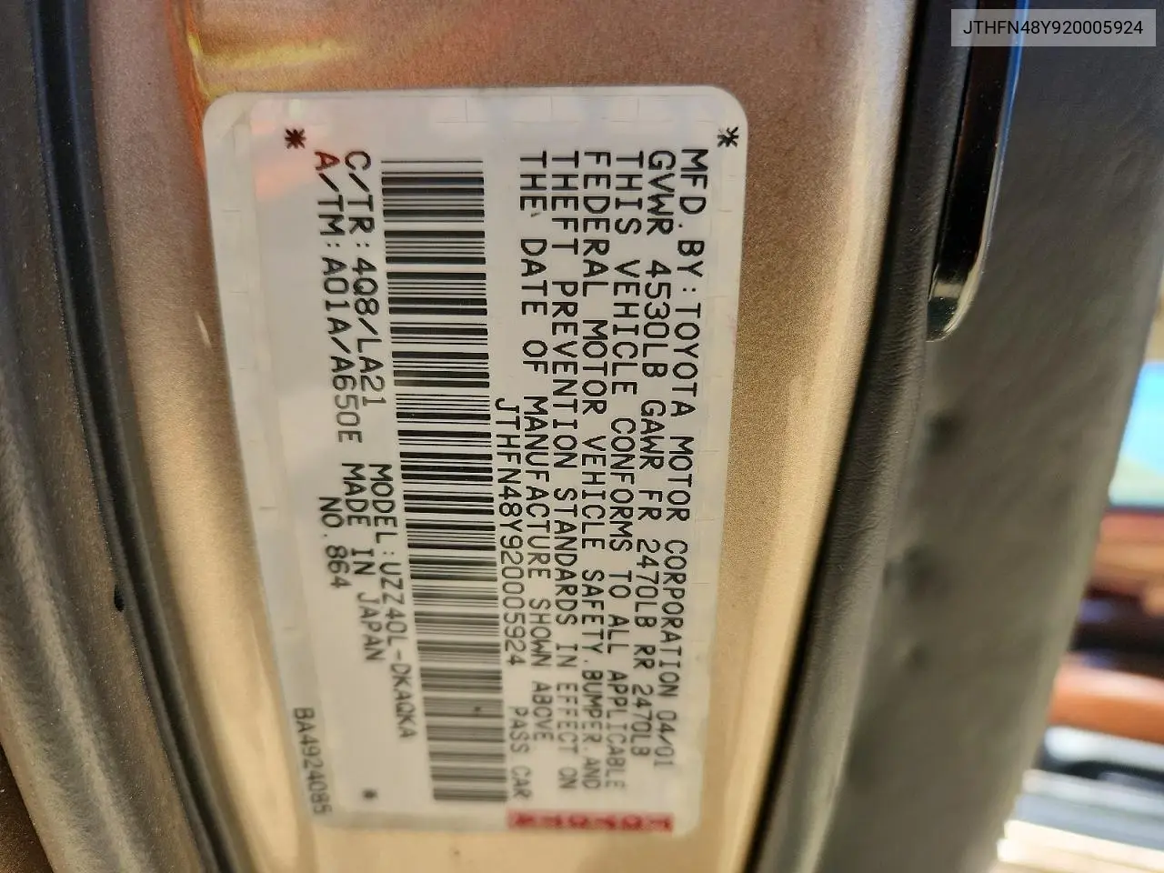 2002 Lexus Sc 430 VIN: JTHFN48Y920005924 Lot: 60458076