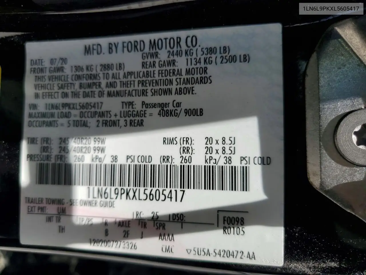 2020 Lincoln Continental VIN: 1LN6L9PKXL5605417 Lot: 55179656