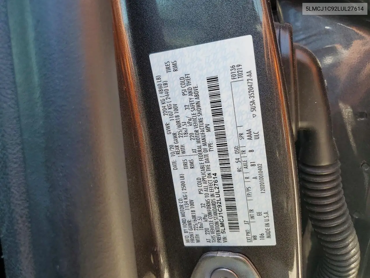 2020 Lincoln Corsair VIN: 5LMCJ1C92LUL27614 Lot: 53560436