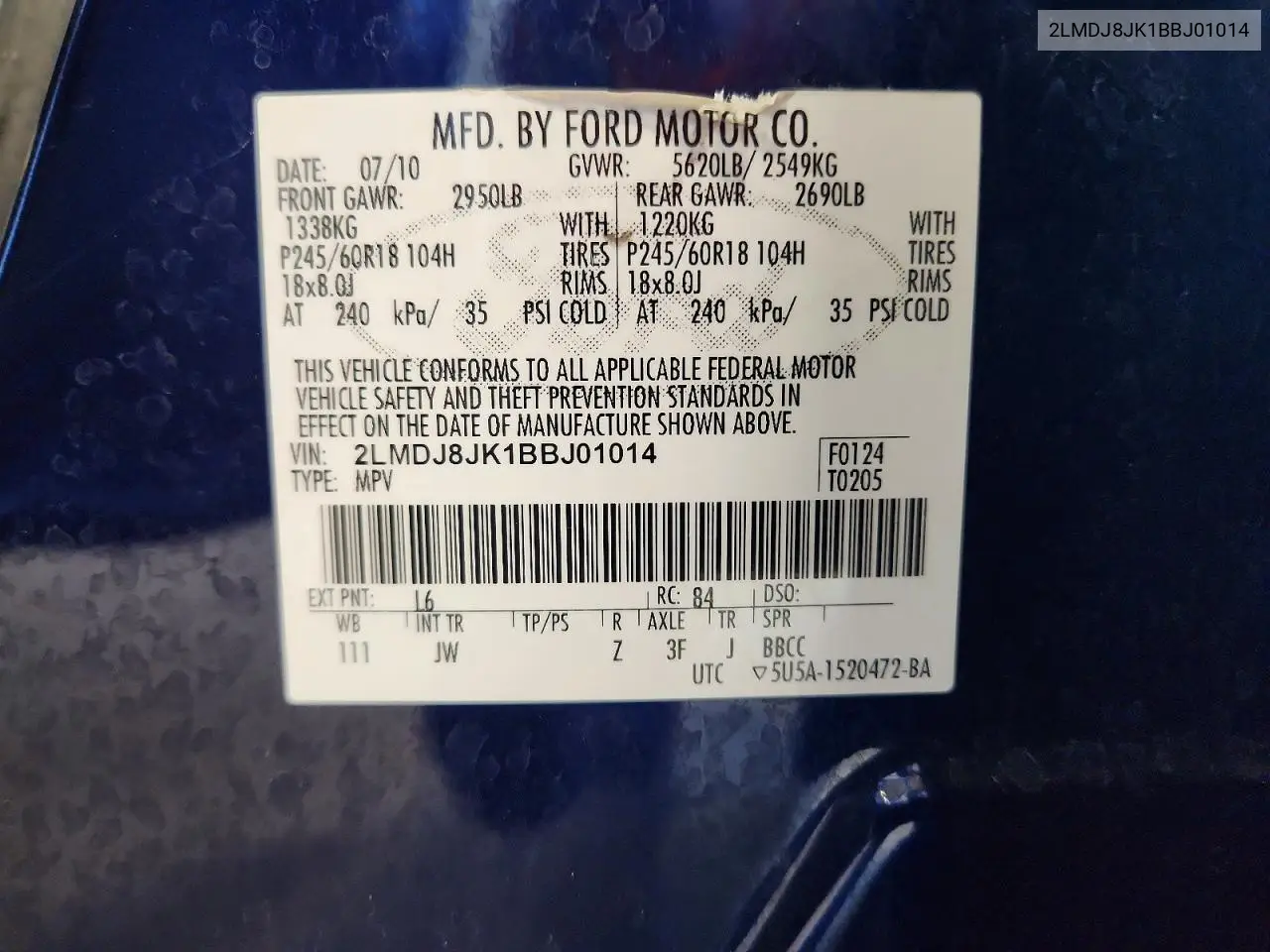 2011 Lincoln Mkx VIN: 2LMDJ8JK1BBJ01014 Lot: 59083346