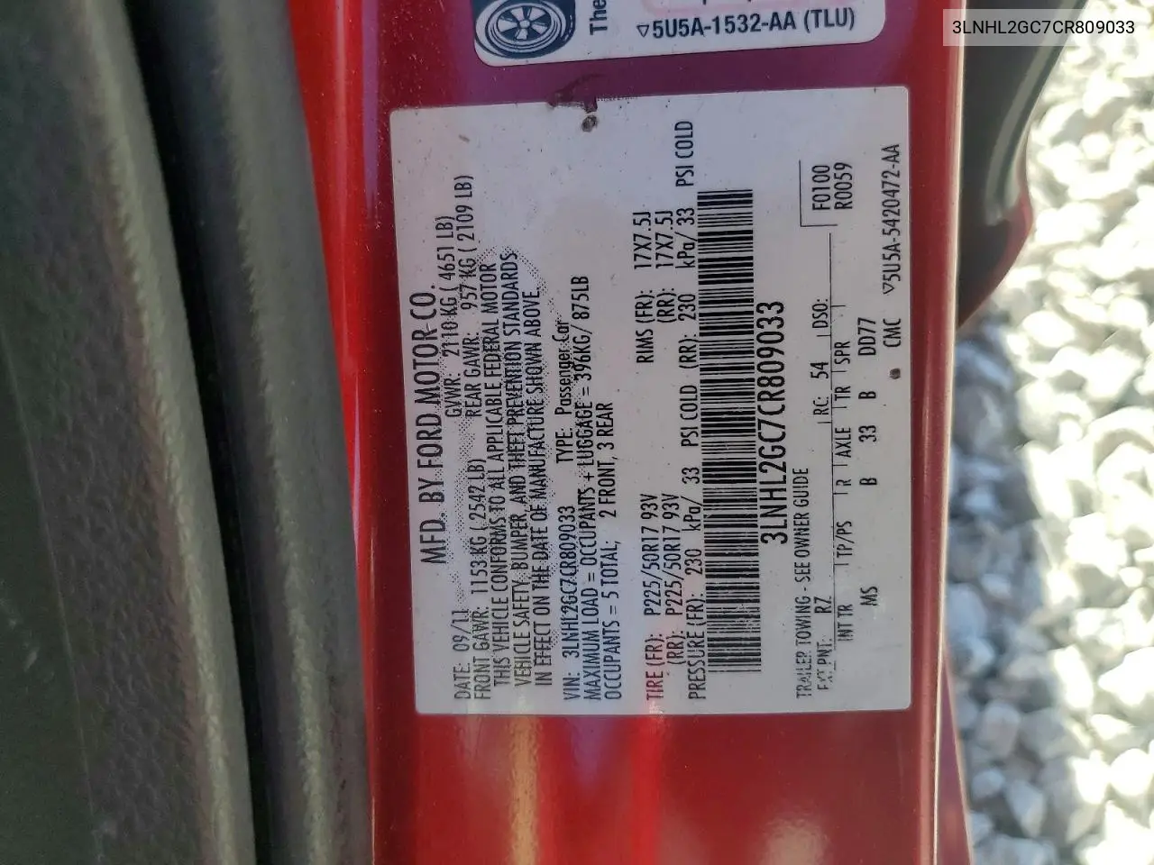 2012 Lincoln Mkz VIN: 3LNHL2GC7CR809033 Lot: 59814006