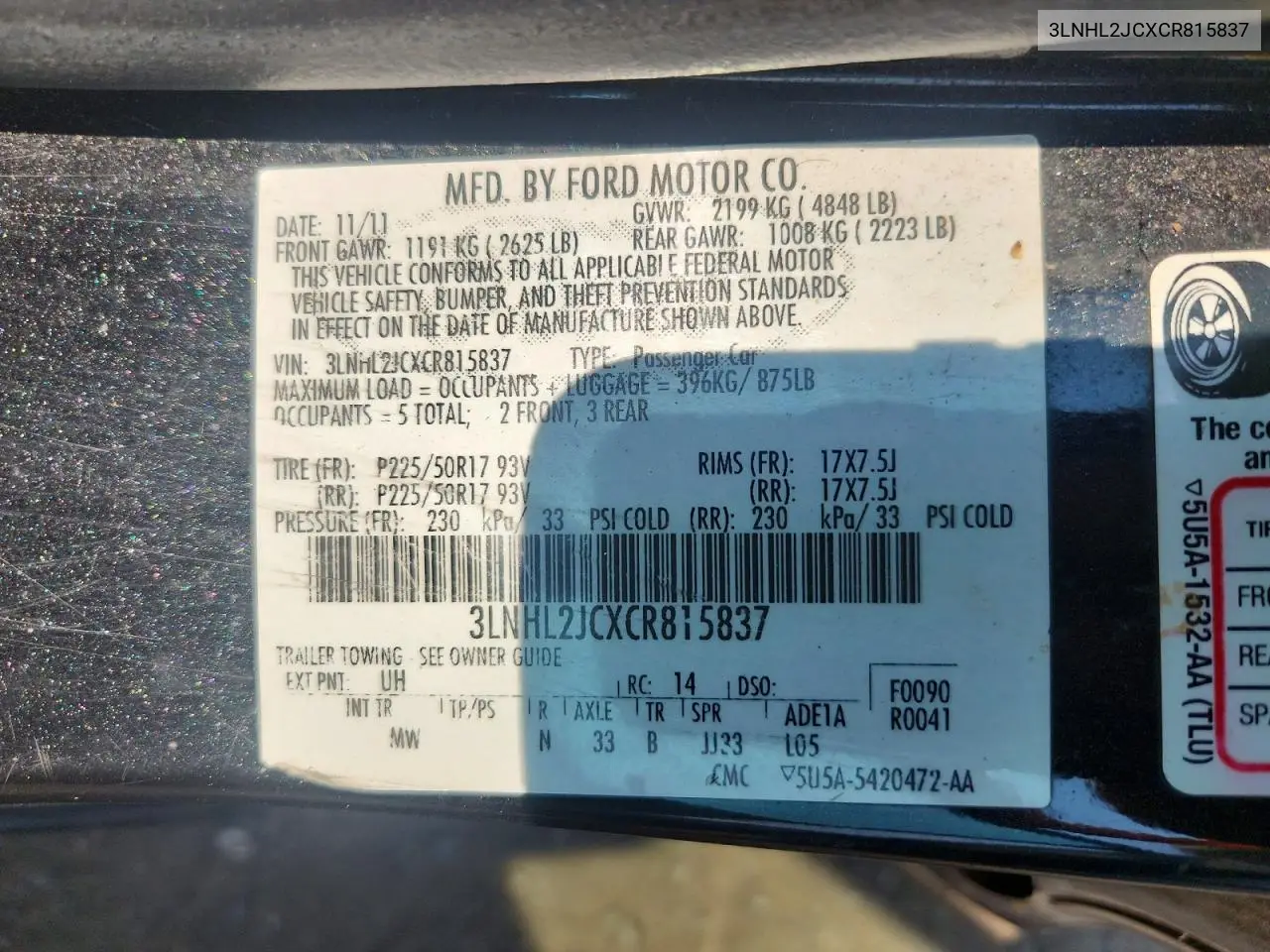 2012 Lincoln Mkz VIN: 3LNHL2JCXCR815837 Lot: 60637526