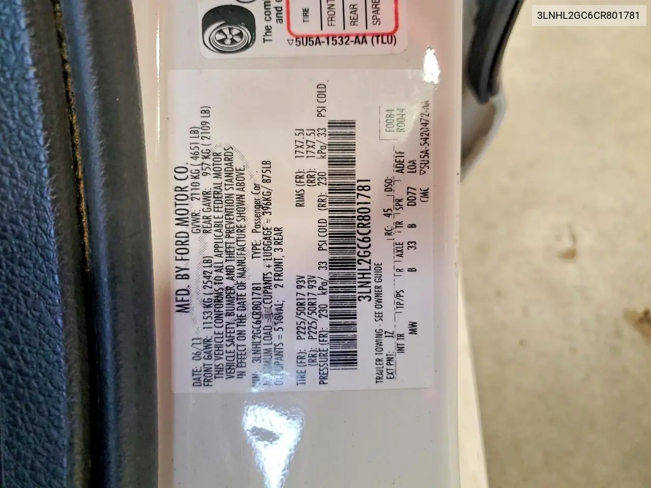 2012 Lincoln Mkz VIN: 3LNHL2GC6CR801781 Lot: 62056786