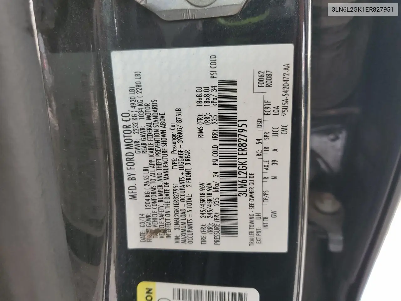 3LN6L2GK1ER827951 2014 Lincoln Mkz