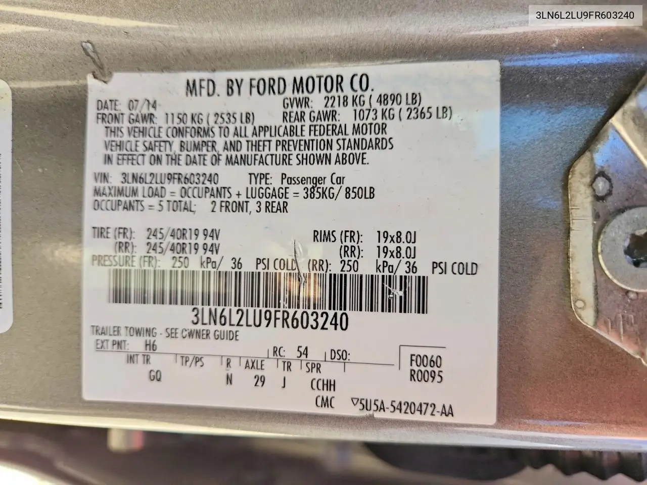 2015 Lincoln Mkz Hybrid VIN: 3LN6L2LU9FR603240 Lot: 62131096