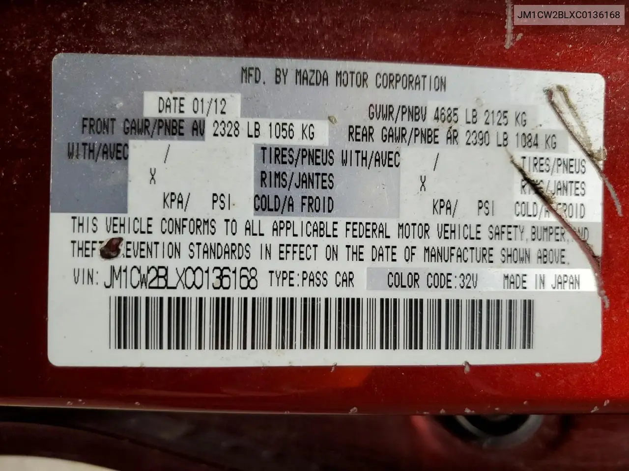 2012 Mazda 5 VIN: JM1CW2BLXC0136168 Lot: 49861646