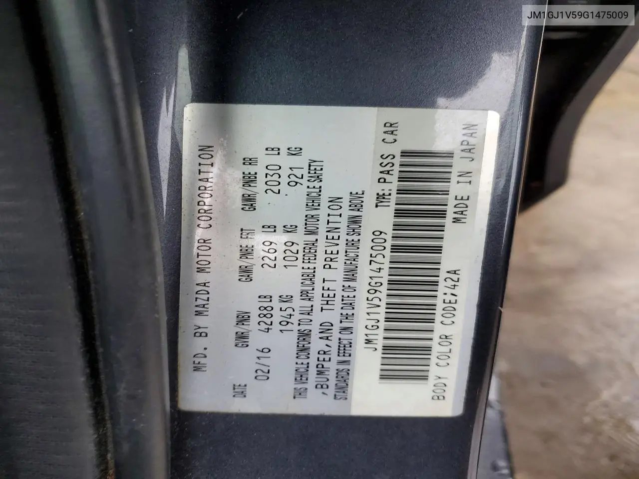 2016 Mazda 6 Touring VIN: JM1GJ1V59G1475009 Lot: 51245616