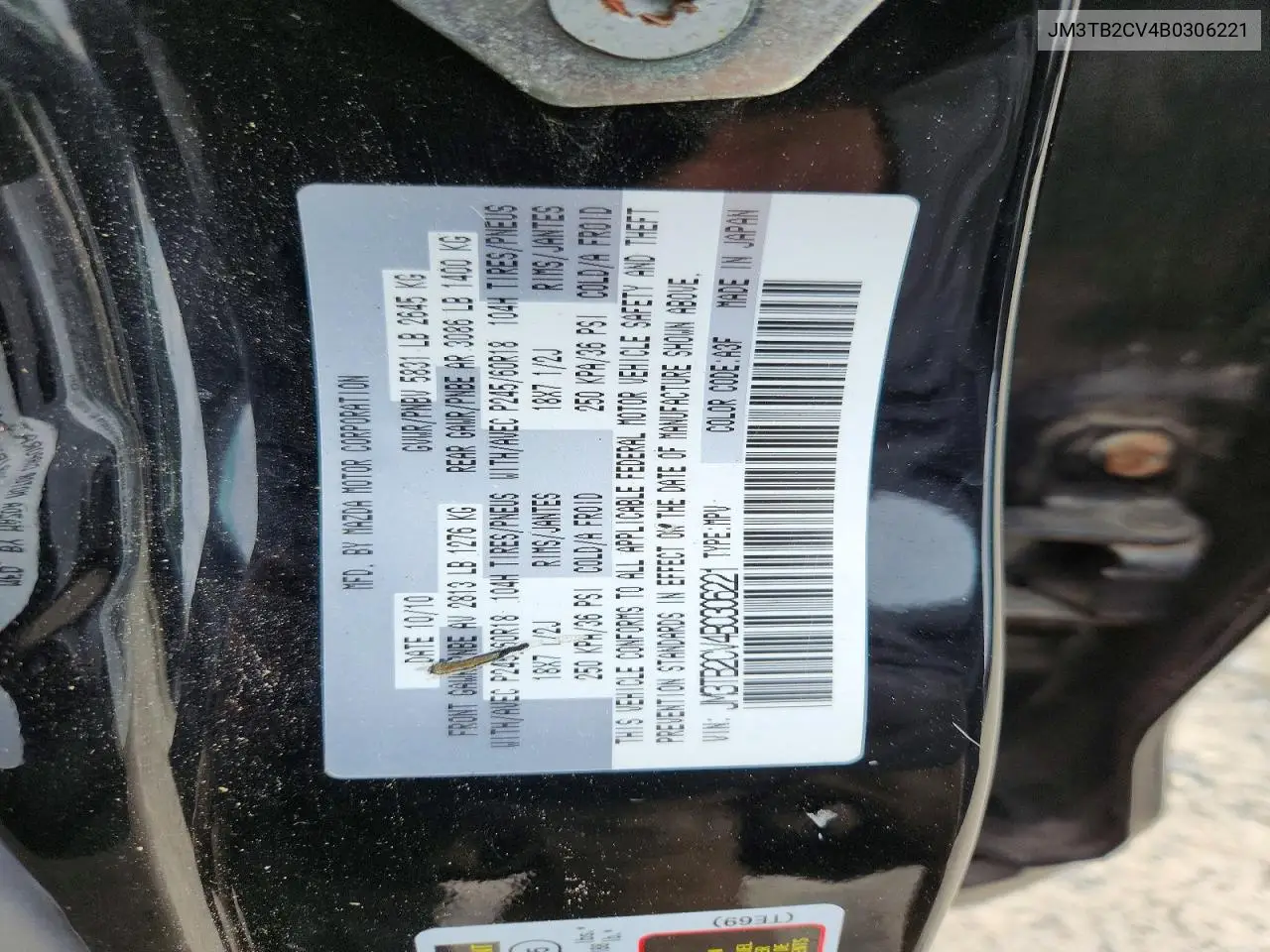 2011 Mazda Cx-9 VIN: JM3TB2CV4B0306221 Lot: 60301176
