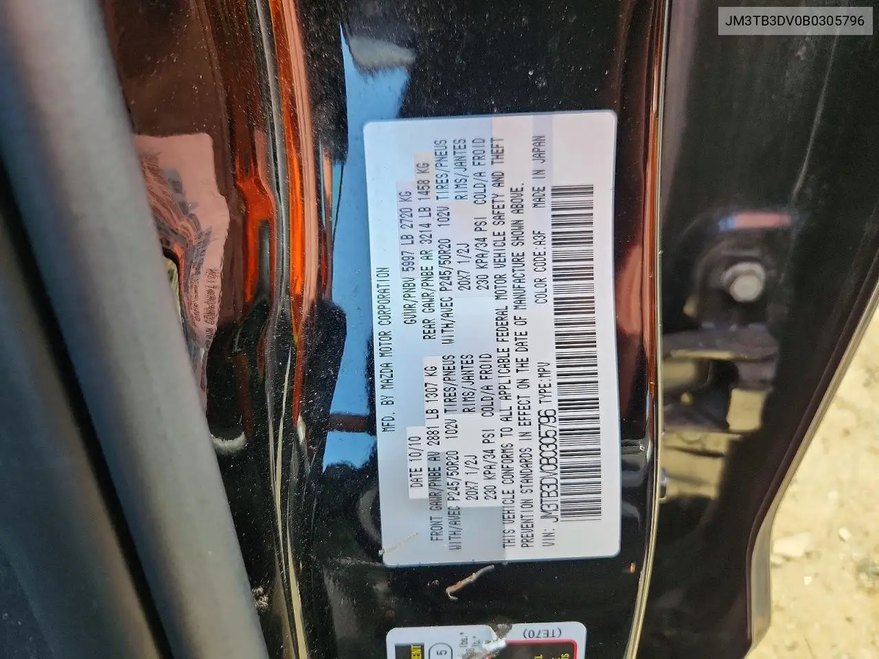 2011 Mazda Cx-9 VIN: JM3TB3DV0B0305796 Lot: 60303276