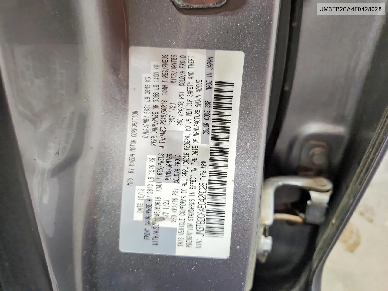 2014 Mazda Cx-9 Touring VIN: JM3TB2CA4E0428028 Lot: 61138006