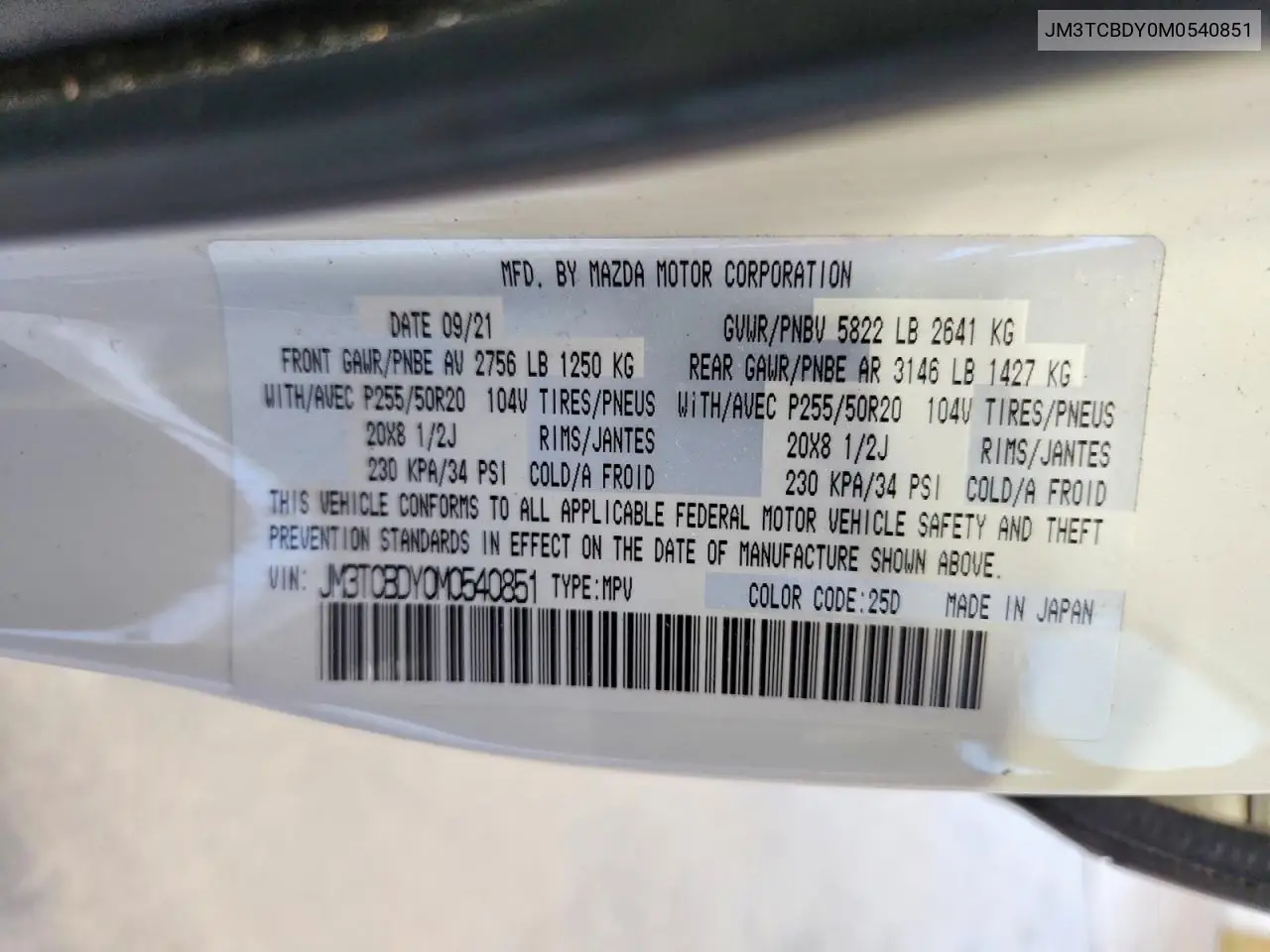 2021 Mazda Cx-9 Grand Touring VIN: JM3TCBDY0M0540851 Lot: 61092946