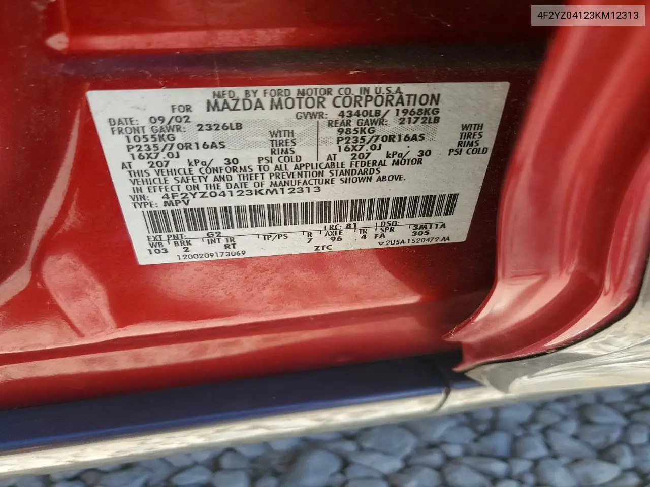 2003 Mazda Tribute Lx VIN: 4F2YZ04123KM12313 Lot: 60071366