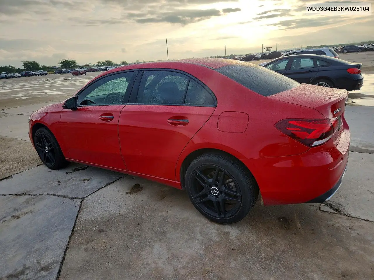 2019 Mercedes-Benz A 220 VIN: WDD3G4EB3KW025104 Lot: 54135826