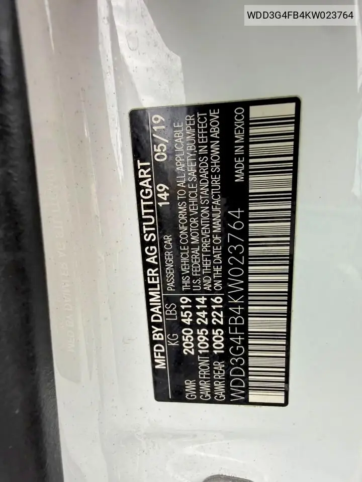 2019 Mercedes-Benz A 220 4Matic VIN: WDD3G4FB4KW023764 Lot: 61237526