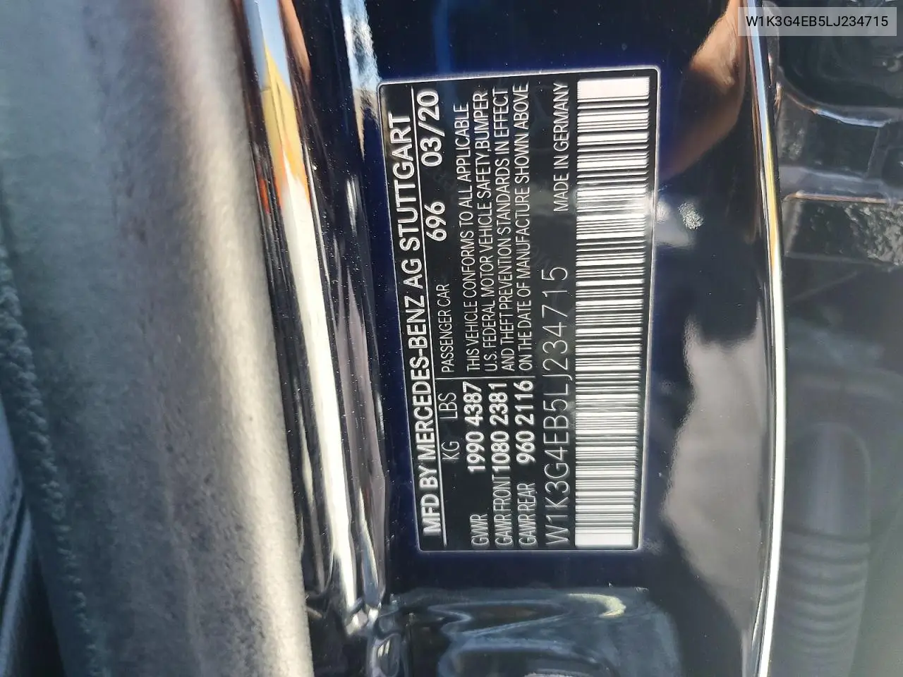 2020 Mercedes-Benz A 220 VIN: W1K3G4EB5LJ234715 Lot: 51531596
