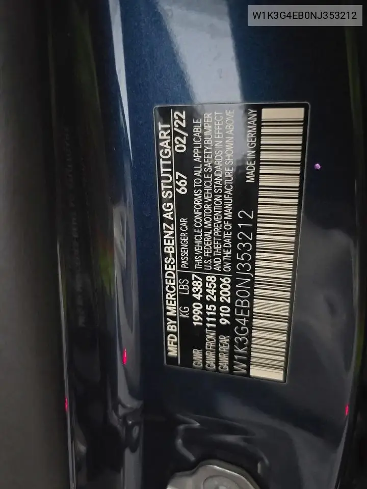 2022 Mercedes-Benz A 220 VIN: W1K3G4EB0NJ353212 Lot: 62452096