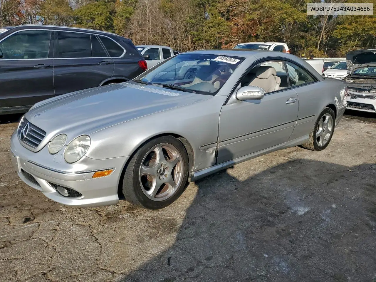 2003 Mercedes-Benz Cl 500 VIN: WDBPJ75J43A034686 Lot: 94254065