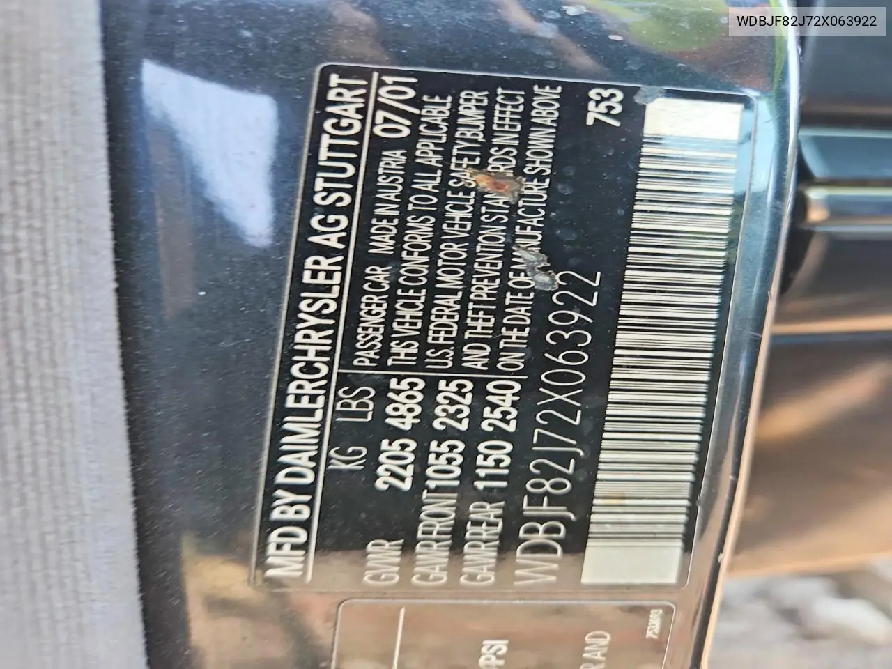 2002 Mercedes-Benz E 320 4Matic VIN: WDBJF82J72X063922 Lot: 60720666