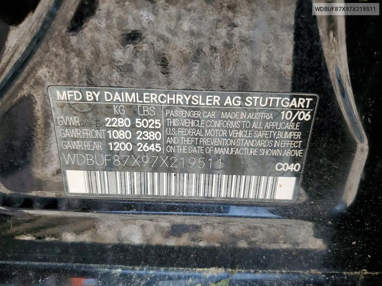 2007 Mercedes-Benz E 350 VIN: WDBUF87X97X219511 Lot: 60452706