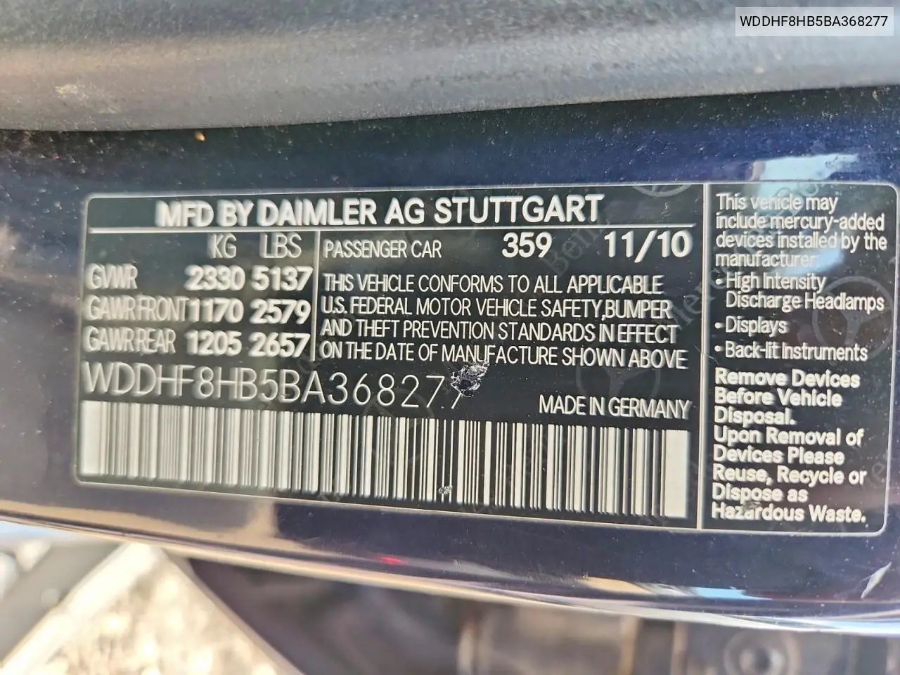 2011 Mercedes-Benz E 350 4Matic VIN: WDDHF8HB5BA368277 Lot: 60926396
