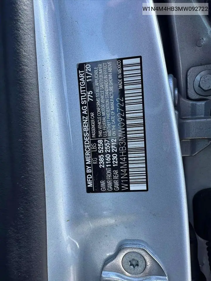 2021 Mercedes-Benz Glb 250 4Matic VIN: W1N4M4HB3MW092722 Lot: 59381906