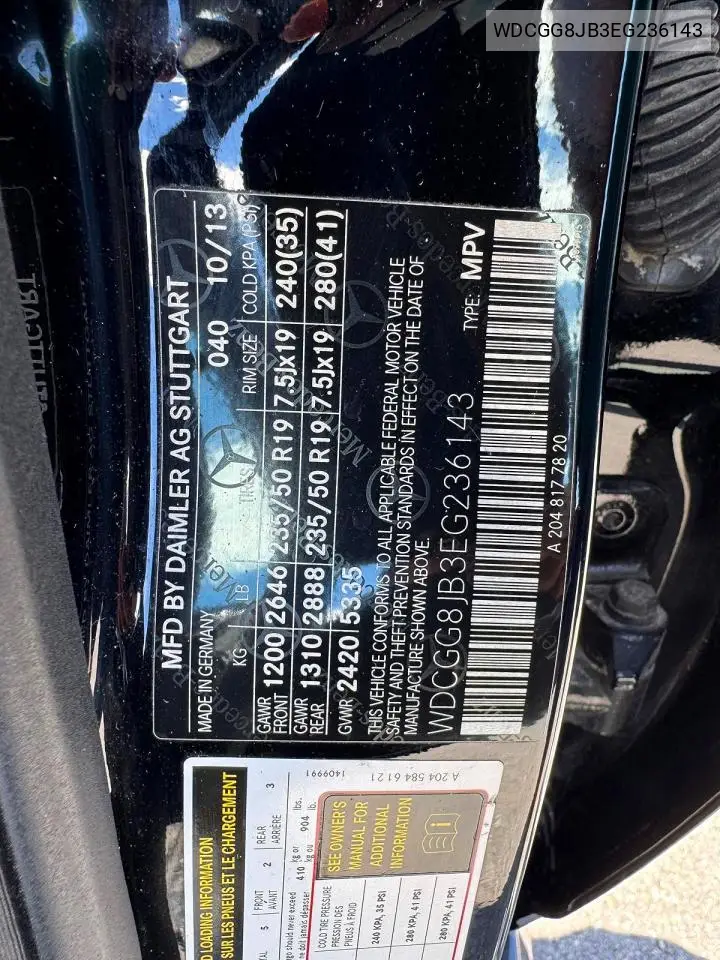 2014 Mercedes-Benz Glk 350 4Matic VIN: WDCGG8JB3EG236143 Lot: 58646496