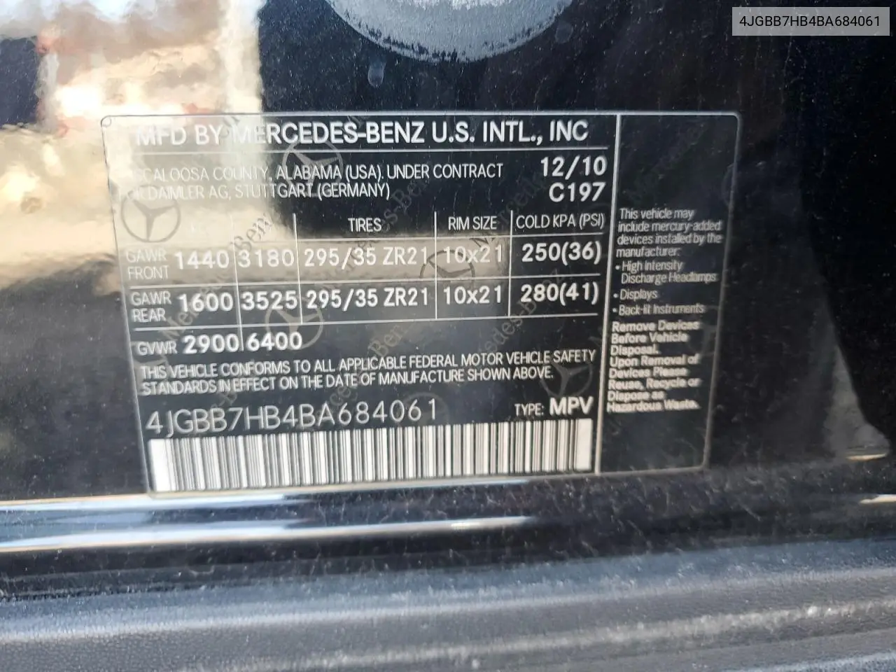 4JGBB7HB4BA684061 2011 Mercedes-Benz Ml 63 Amg