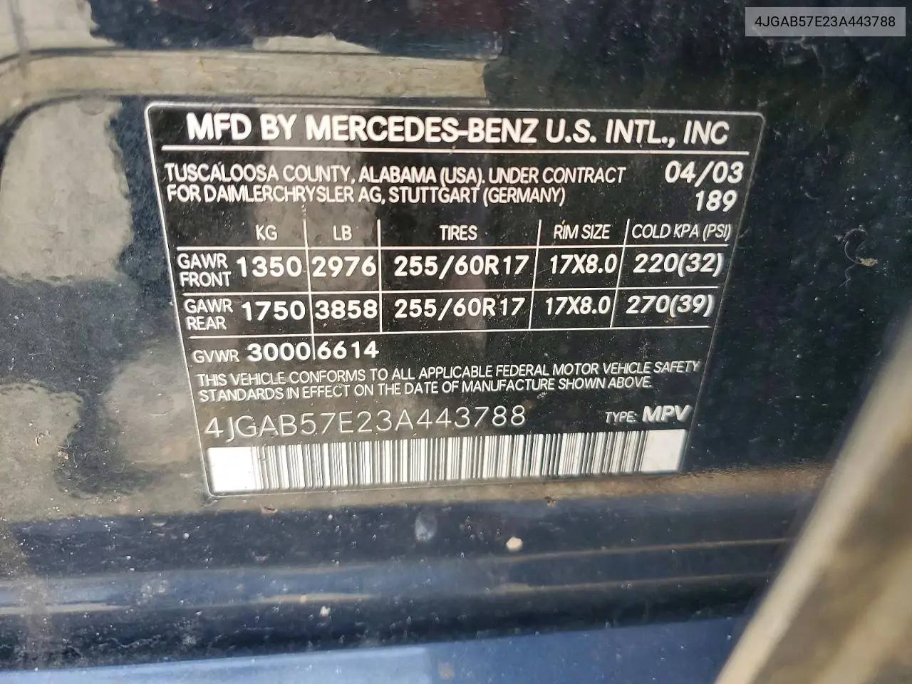 2003 Mercedes-Benz Ml 350 VIN: 4JGAB57E23A443788 Lot: 56392616