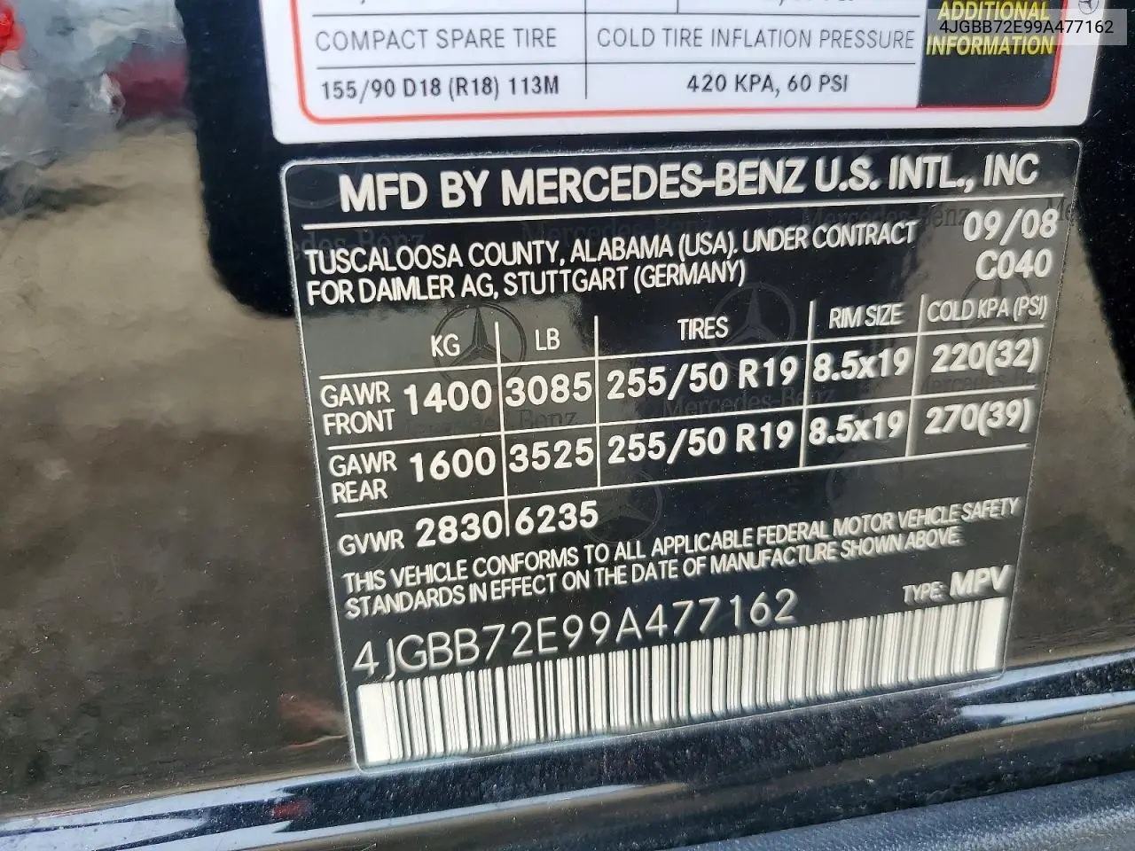 2009 Mercedes-Benz Ml 550 VIN: 4JGBB72E99A477162 Lot: 61325886