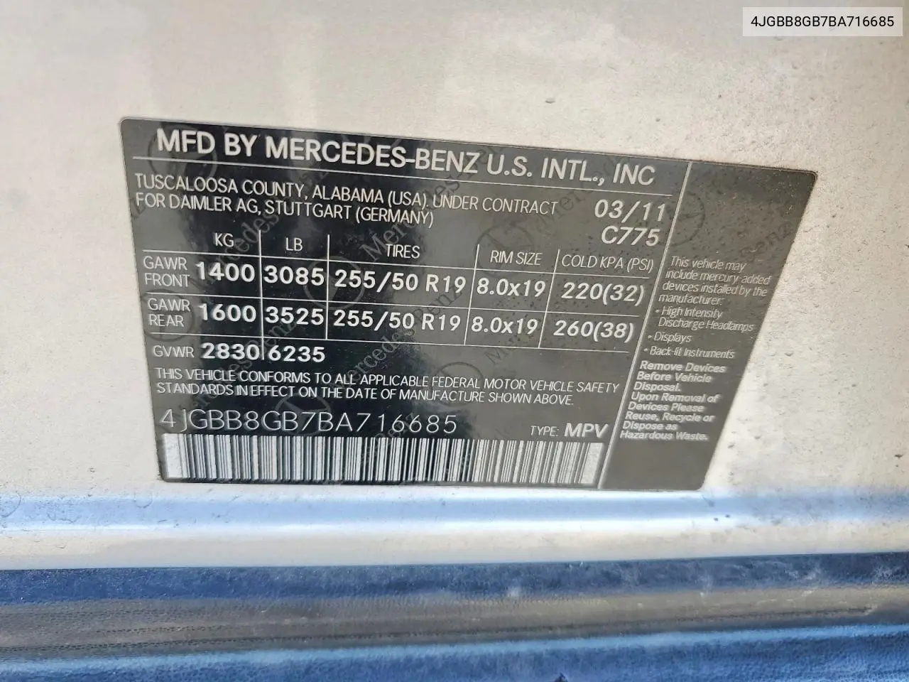 2011 Mercedes-Benz Ml 350 4Matic VIN: 4JGBB8GB7BA716685 Lot: 58271806