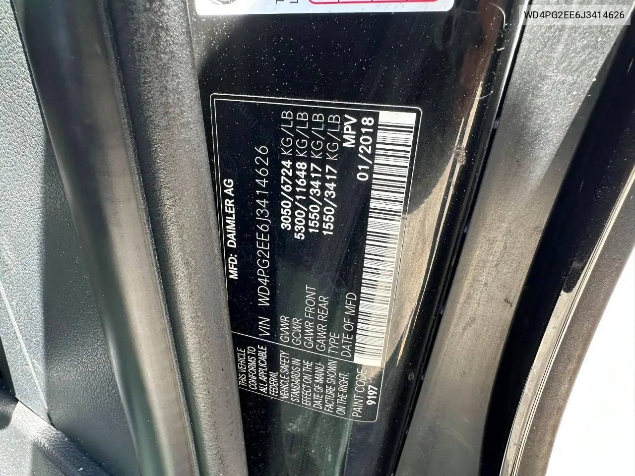 2018 Mercedes-Benz Metris VIN: WD4PG2EE6J3414626 Lot: 55375136