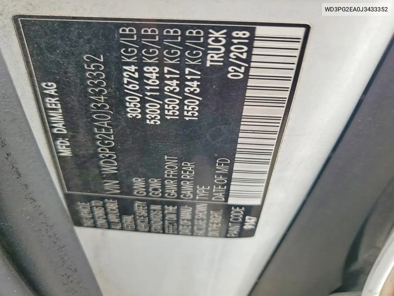 2018 Mercedes-Benz Metris VIN: WD3PG2EA0J3433352 Lot: 60565366