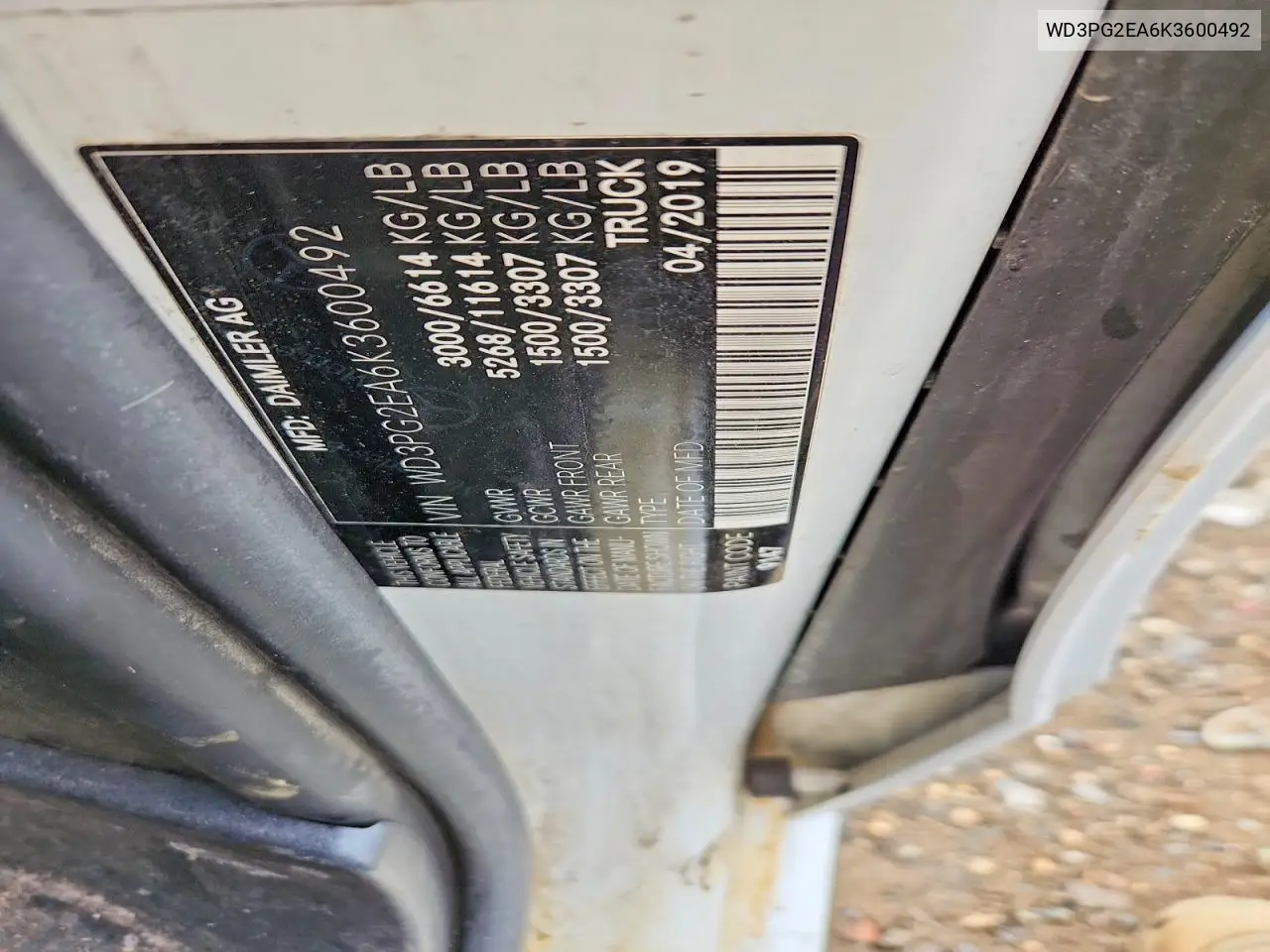 2019 Mercedes Benz Metris VIN: WD3PG2EA6K3600492 Lot: 50855666