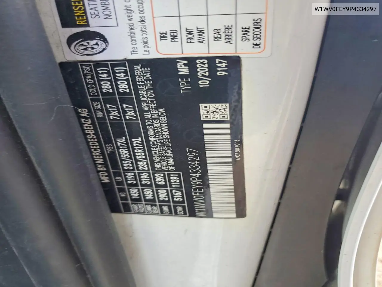2023 Mercedes-Benz Metris VIN: W1WV0FEY9P4334297 Lot: 51922996