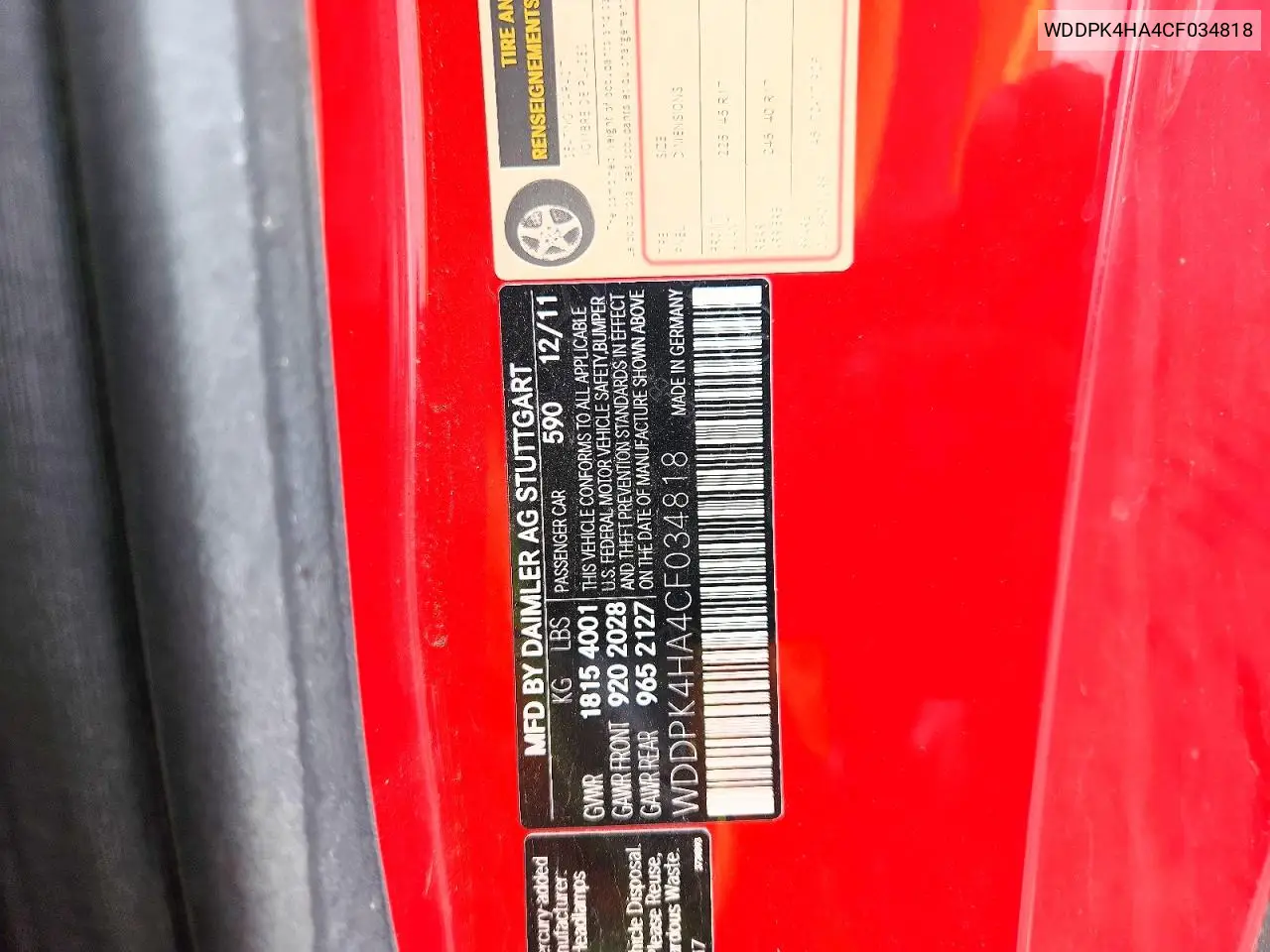 2012 Mercedes-Benz Slk 250 VIN: WDDPK4HA4CF034818 Lot: 50821976
