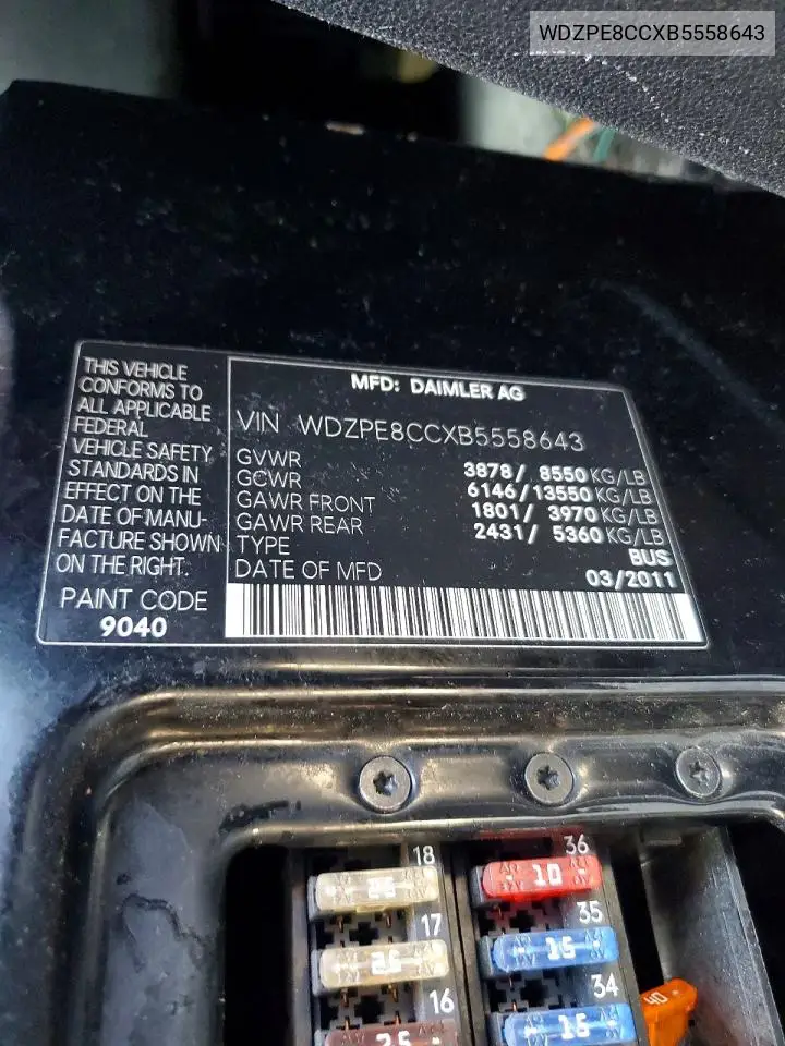 2011 Mercedes-Benz Sprinter 2500 VIN: WDZPE8CCXB5558643 Lot: 57042566