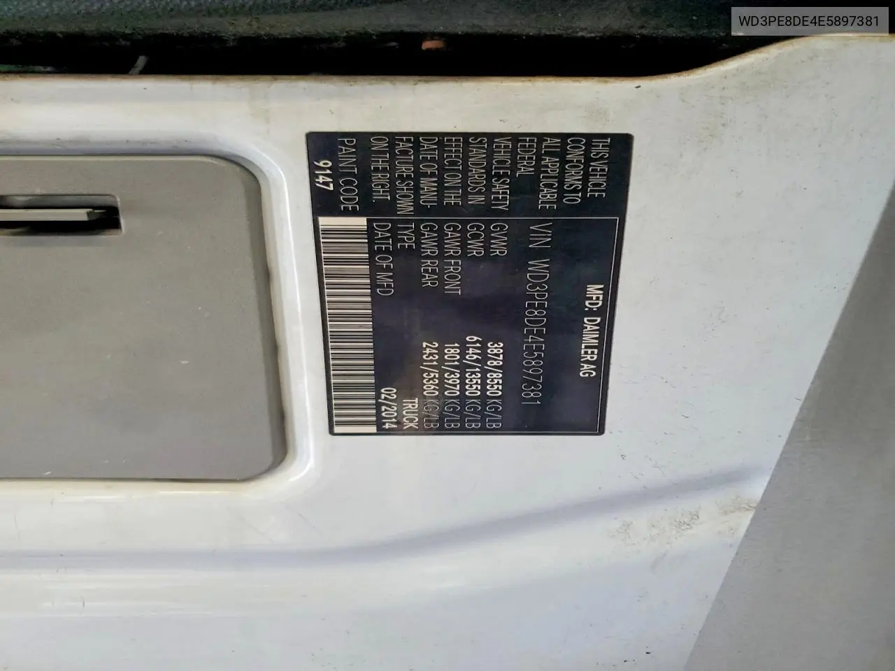 2014 Mercedes-Benz Sprinter 2500 Delivery Van VIN: WD3PE8DE4E5897381 Lot: 60368066