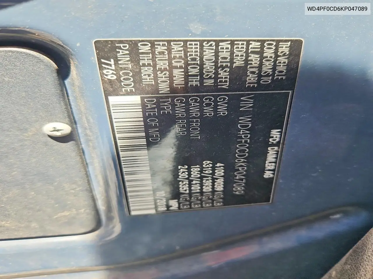 2019 Mercedes Benz Sprinter 2500 VIN: WD4PF0CD6KP047089 Lot: 56453226