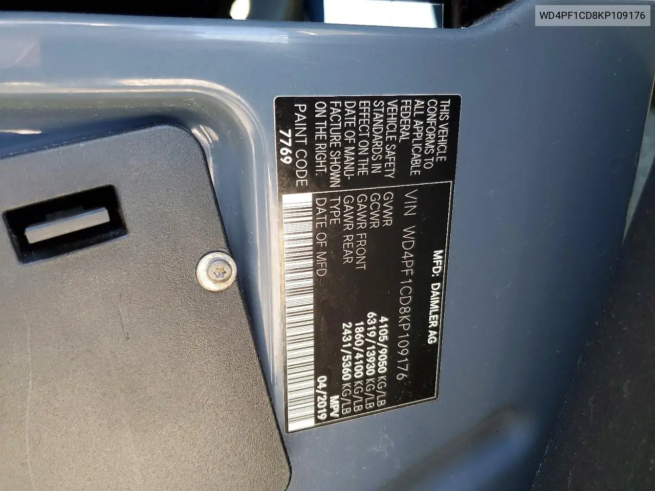 2019 Mercedes-Benz Sprinter 2500 VIN: WD4PF1CD8KP109176 Lot: 57398336