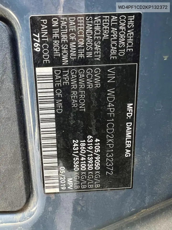 2019 Mercedes-Benz Sprinter 2500/3500 VIN: WD4PF1CD2KP132372 Lot: 60043286