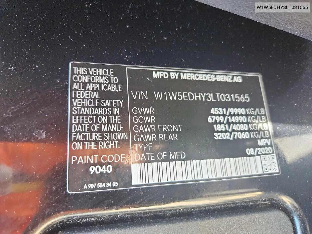 2020 Mercedes-Benz Sprinter 3500 VIN: W1W5EDHY3LT031565 Lot: 58111676