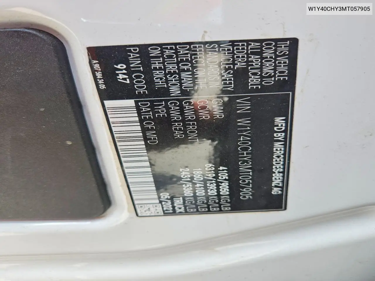 2021 Mercedes-Benz Sprinter 2500 Delivery Van VIN: W1Y40CHY3MT057905 Lot: 58433956
