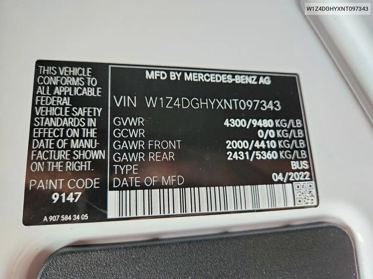 2022 Mercedes-Benz Sprinter 2500 VIN: W1Z4DGHYXNT097343 Lot: 53694006