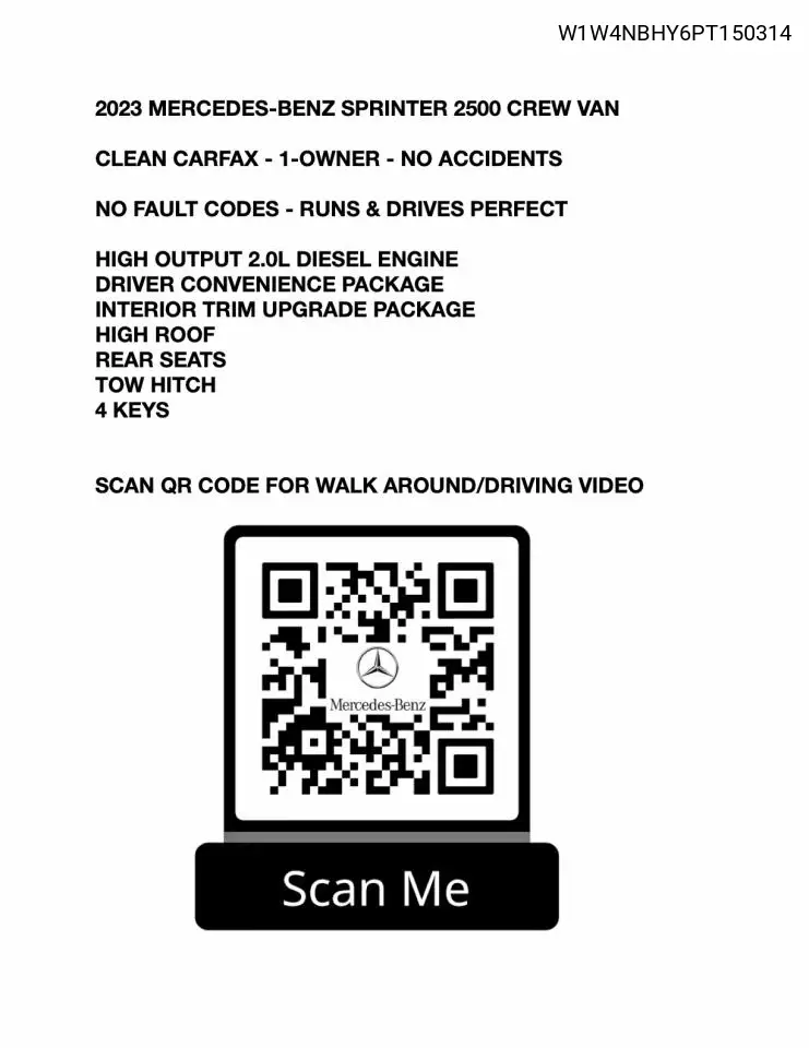 2023 Mercedes-Benz Sprinter 2500 VIN: W1W4NBHY6PT150314 Lot: 59398046
