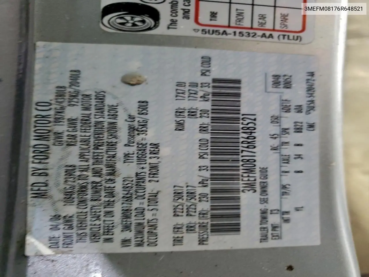 3MEFM08176R648521 2006 Mercury Milan Premier